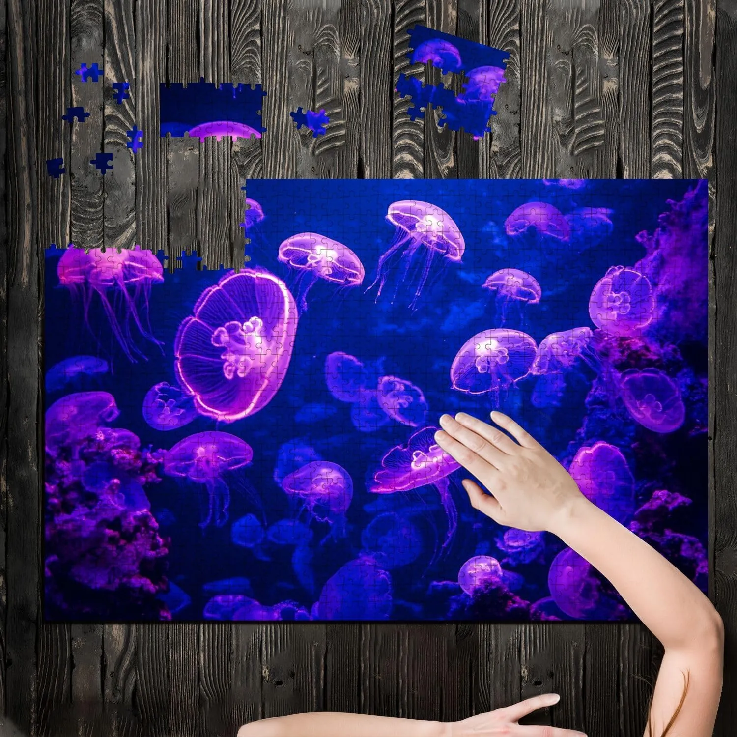 Puzzles for Adults 1000 Pieces Aurelia aurita Moon Jellyfish Glowing Purple Light as Dark Underwater Wooden Jigsaw Puzzles Challenging Fun Educational Family Games Kid Toys Art Work Gift Home Decor