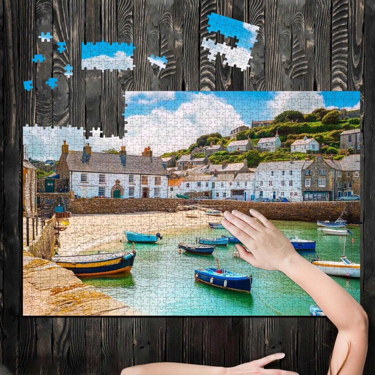 Puzzles for Adults 1000 Pieces Fishing Port Mousehole Village Cornwall England Wooden Jigsaw Puzzles Challenging Fun Educational Family Games Kid Toys Art Work Gift Home Decor