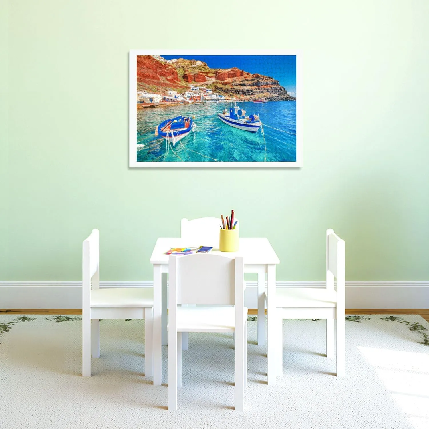 Puzzles for Adults 1000 Pieces Greece Breathtaking Beautiful Landscape Two Fishing Boats Anchored to Wooden Jigsaw Puzzles Challenging Fun Educational Family Games Kid Toys Art Work Gift Home Decor