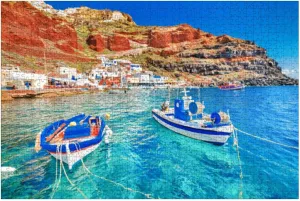 Puzzles for Adults 1000 Pieces Greece Breathtaking Beautiful Landscape Two Fishing Boats Anchored to Wooden Jigsaw Puzzles Challenging Fun Educational Family Games Kid Toys Art Work Gift Home Decor