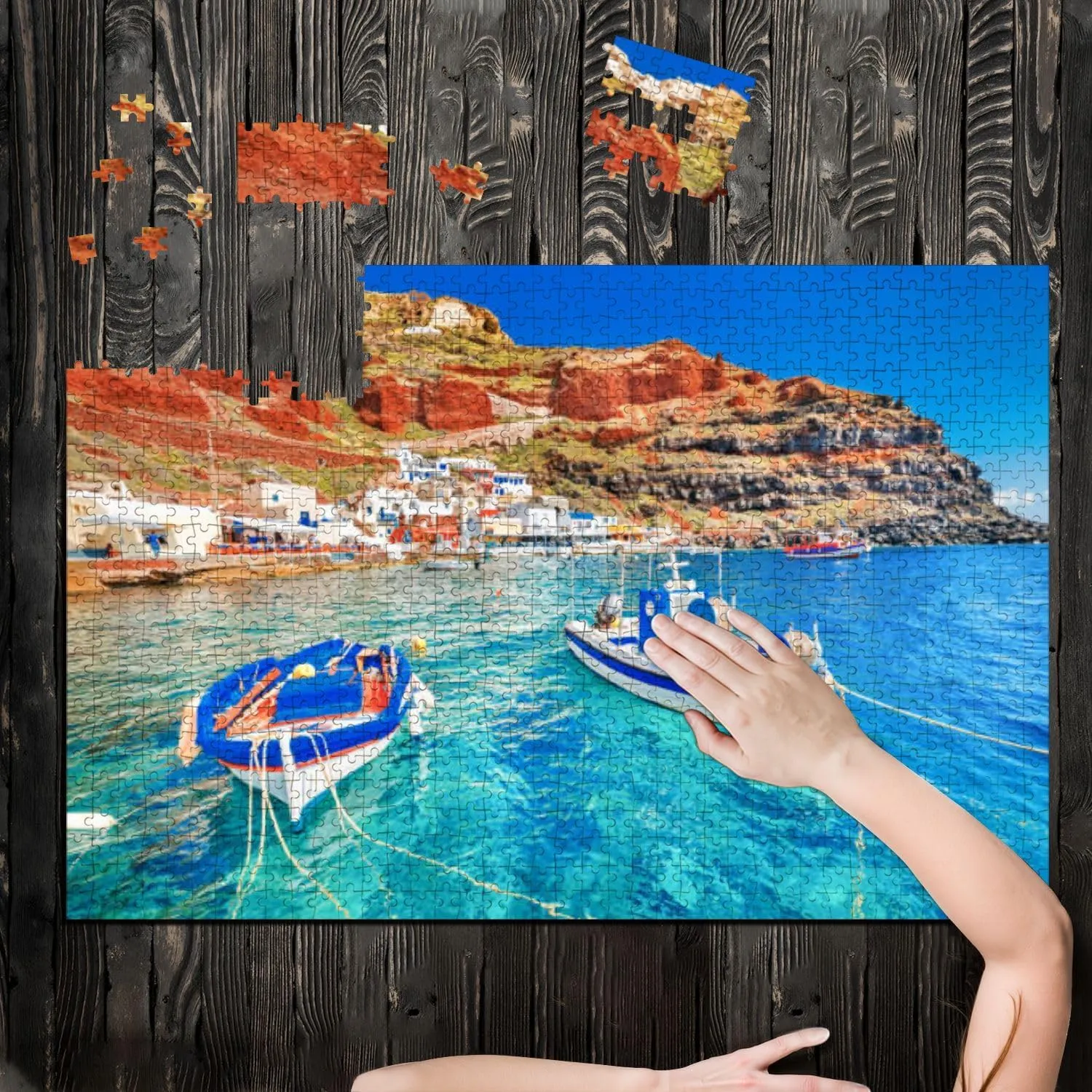 Puzzles for Adults 1000 Pieces Greece Breathtaking Beautiful Landscape Two Fishing Boats Anchored to Wooden Jigsaw Puzzles Challenging Fun Educational Family Games Kid Toys Art Work Gift Home Decor