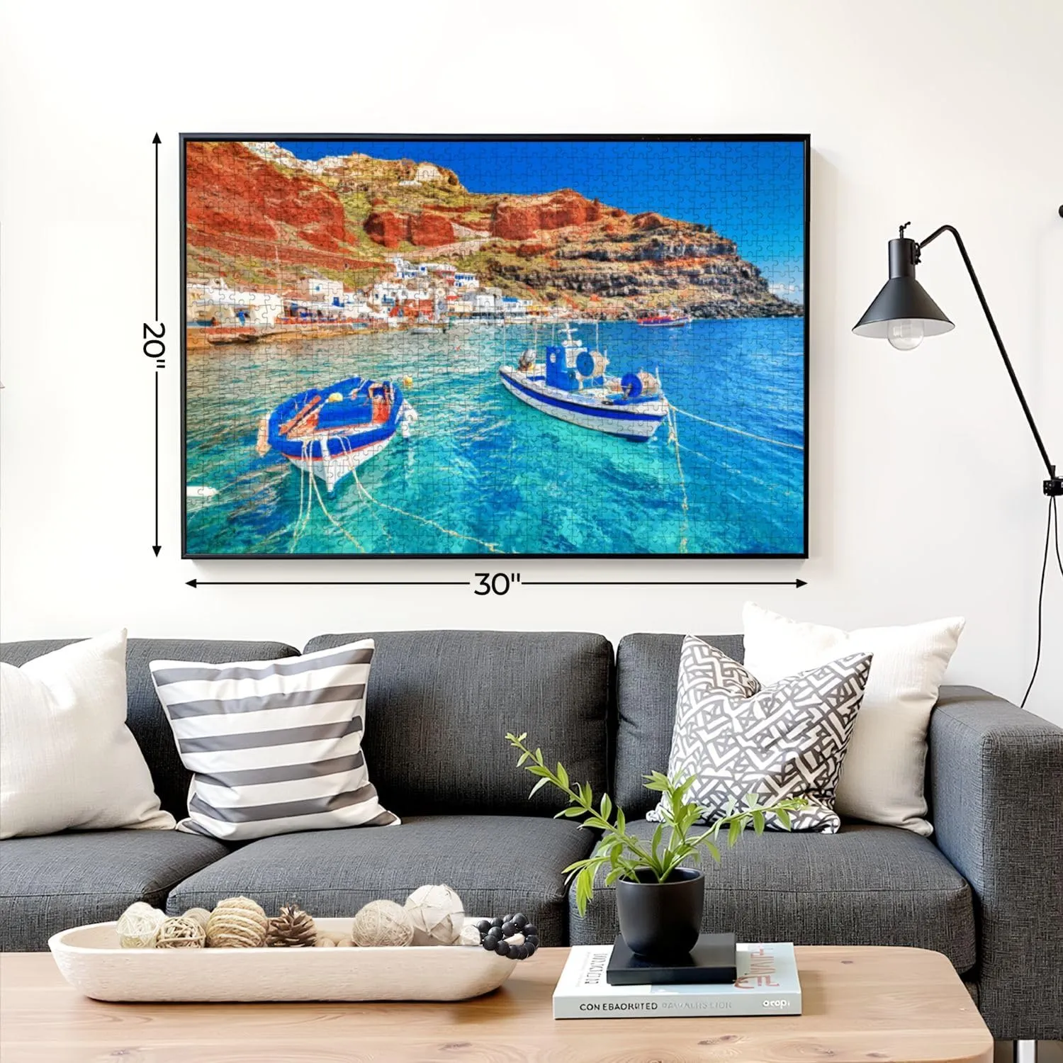 Puzzles for Adults 1000 Pieces Greece Breathtaking Beautiful Landscape Two Fishing Boats Anchored to Wooden Jigsaw Puzzles Challenging Fun Educational Family Games Kid Toys Art Work Gift Home Decor