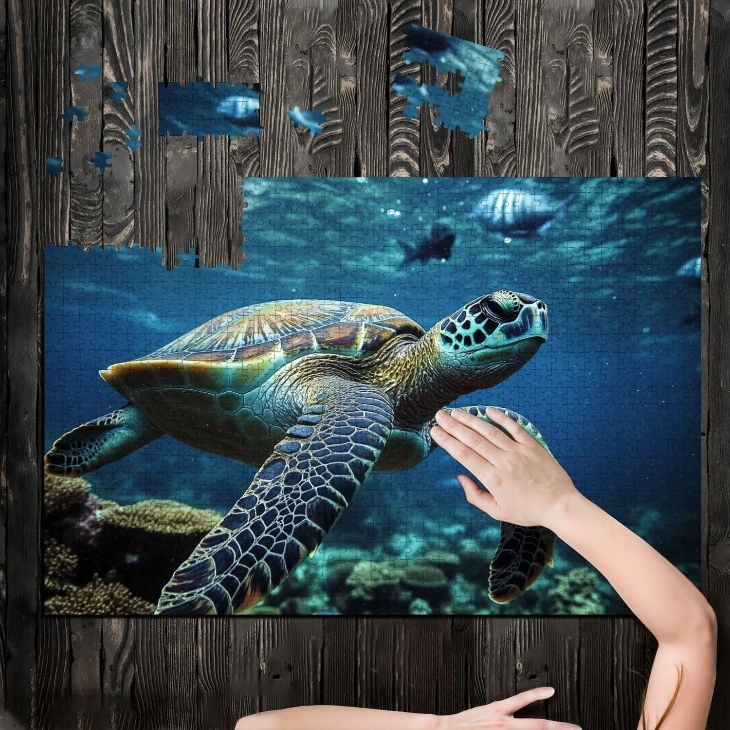 Puzzles for Adults 1000 Pieces Green sea Turtle Sergeant Major Fish Underwater Wooden Jigsaw Puzzles Challenging Fun Educational Family Games Kid Toys Art Work Gift Home Decor