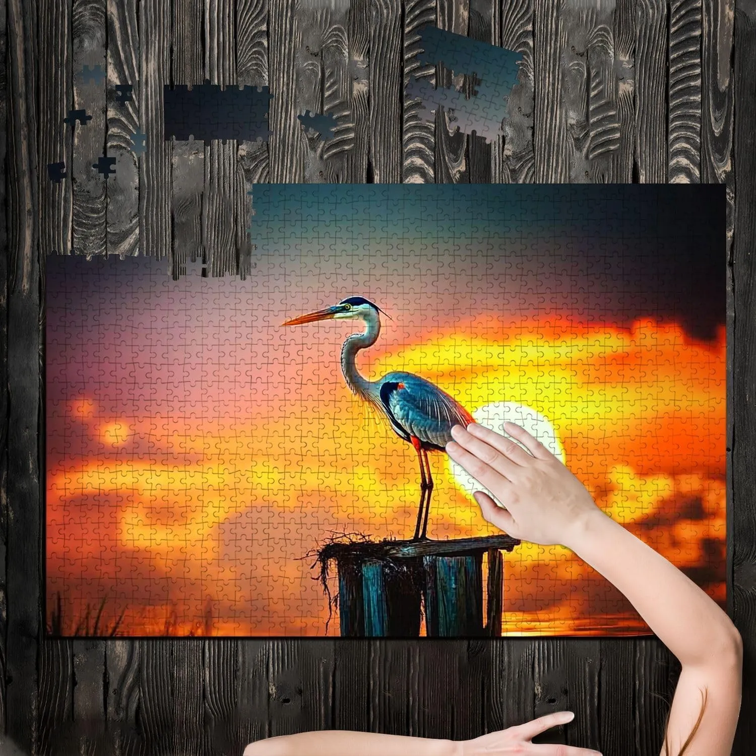 Puzzles for Adults 1000 Pieces Heron scanning Water for Fish Wooden Jigsaw Puzzles Challenging Fun Educational Family Games Kid Toys Art Work Gift Home Decor