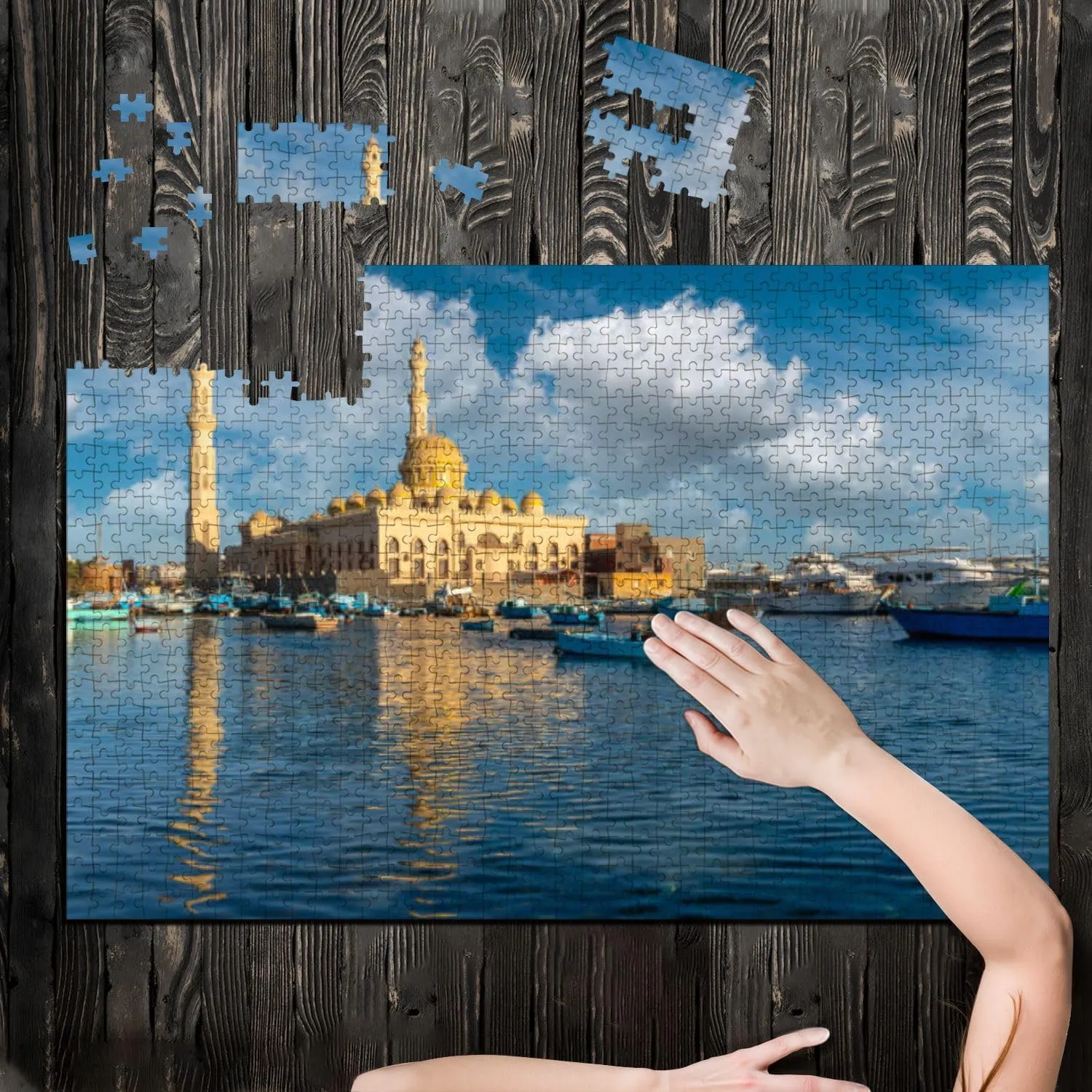 Puzzles for Adults 1000 Pieces Hurghada Reflecting red sea Fishing Boats Sunset Wooden Jigsaw Puzzles Challenging Fun Educational Family Games Kid Toys Art Work Gift Home Decor