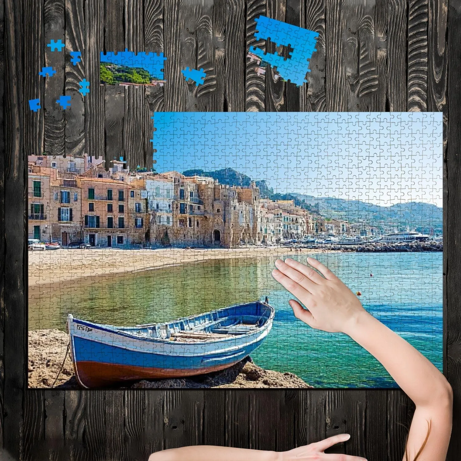 Puzzles for Adults 1000 Pieces Old Harbor Wooden Fishing Boat Cefalu Sicily Wooden Jigsaw Puzzles Challenging Fun Educational Family Games Kid Toys Art Work Gift Home Decor