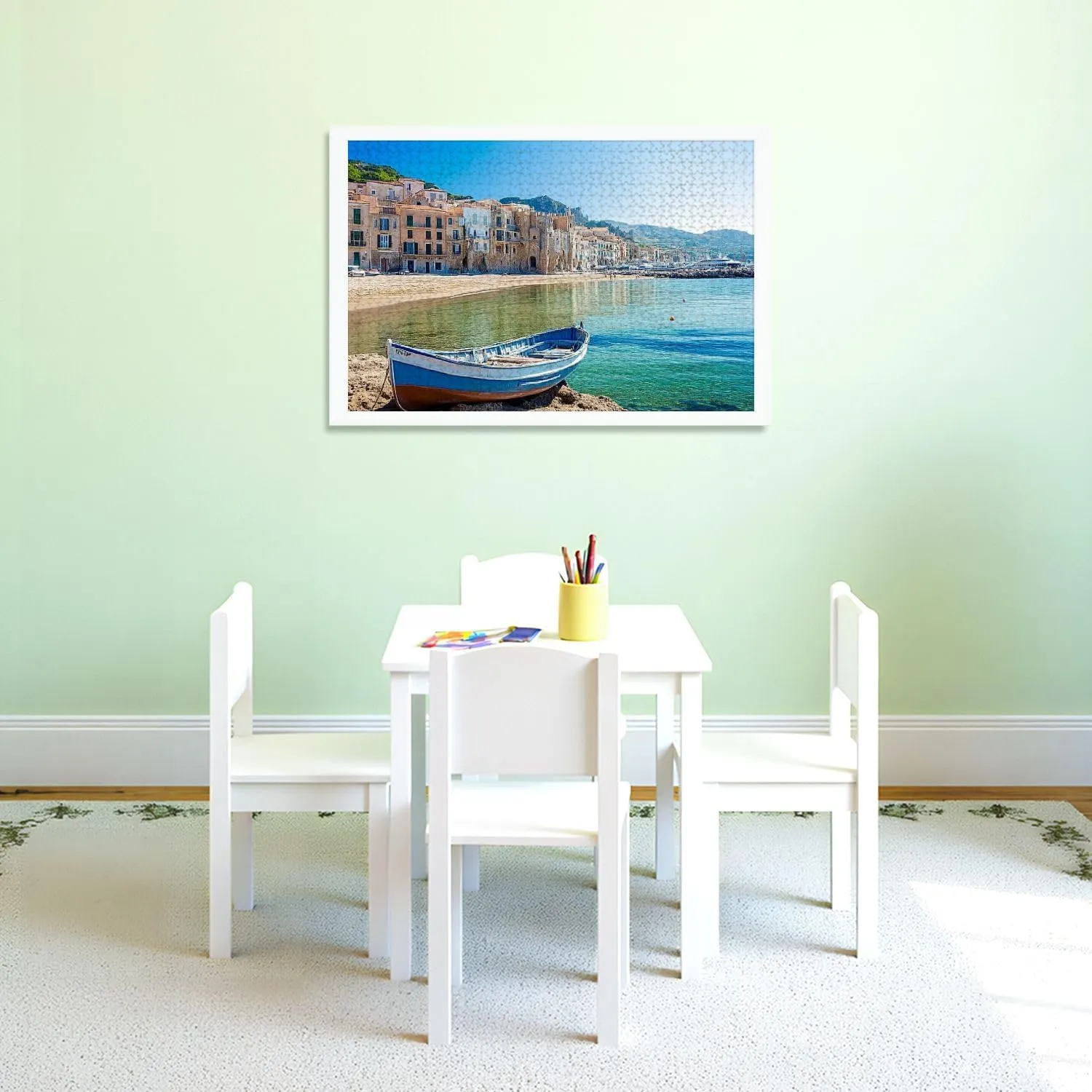 Puzzles for Adults 1000 Pieces Old Harbor Wooden Fishing Boat Cefalu Sicily Wooden Jigsaw Puzzles Challenging Fun Educational Family Games Kid Toys Art Work Gift Home Decor