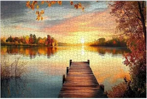 Puzzles for Adults 1000 Pieces Red Autumn Fishing pier Wooden Jigsaw Puzzles Challenging Fun Educational Family Games Kid Toys Art Work Gift Home Decor