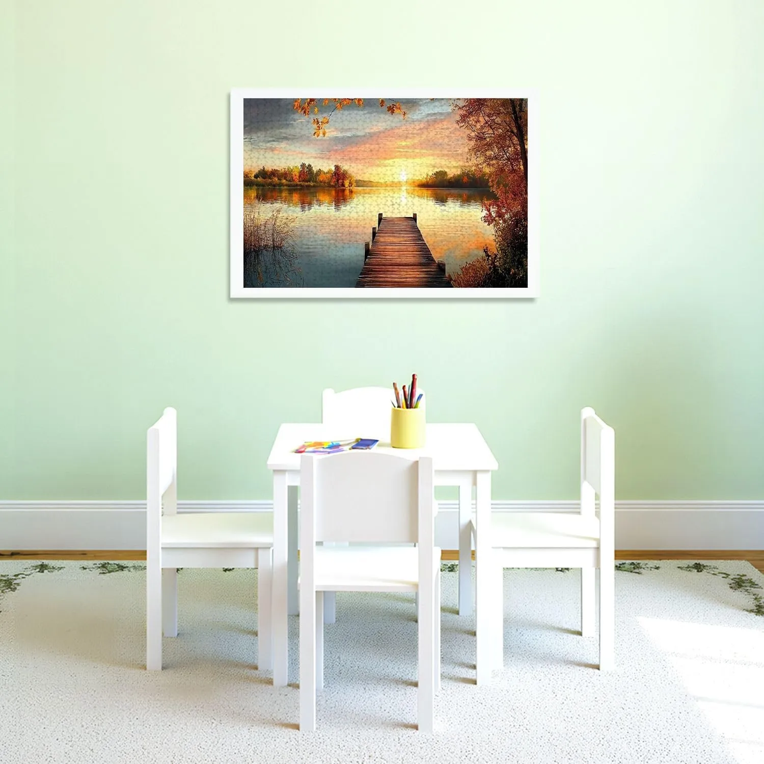 Puzzles for Adults 1000 Pieces Red Autumn Fishing pier Wooden Jigsaw Puzzles Challenging Fun Educational Family Games Kid Toys Art Work Gift Home Decor