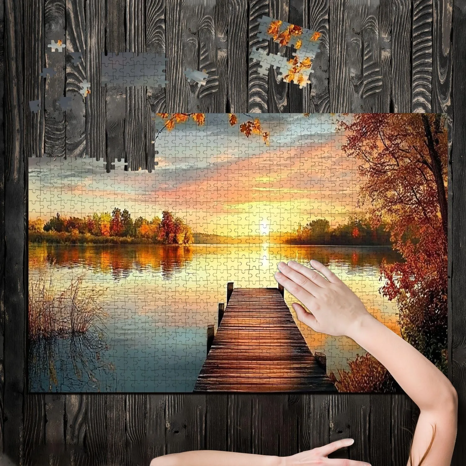 Puzzles for Adults 1000 Pieces Red Autumn Fishing pier Wooden Jigsaw Puzzles Challenging Fun Educational Family Games Kid Toys Art Work Gift Home Decor