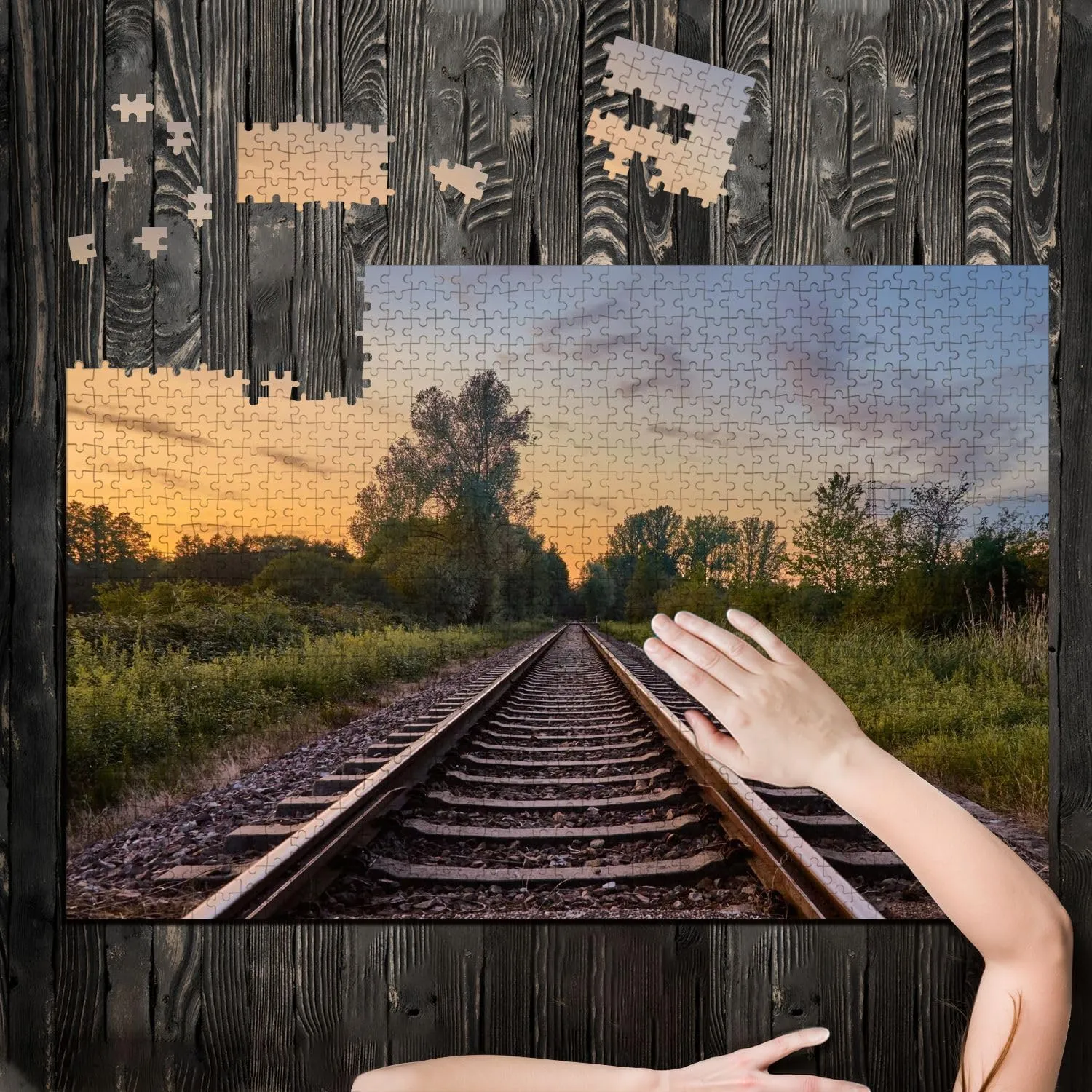 Puzzles for Adults 1000 Pieces Train Tracks infront Beautiful Nature Sunset Rastatt Germany Wooden Jigsaw Puzzles Challenging Fun Educational Family Games Kid Toys Art Work Gift Home Decor