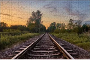 Puzzles for Adults 1000 Pieces Train Tracks infront Beautiful Nature Sunset Rastatt Germany Wooden Jigsaw Puzzles Challenging Fun Educational Family Games Kid Toys Art Work Gift Home Decor