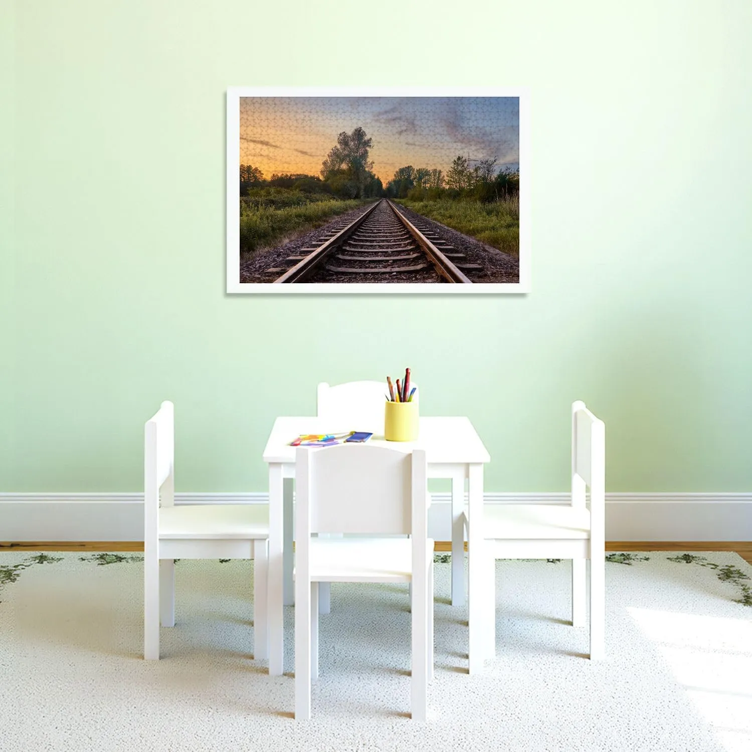 Puzzles for Adults 1000 Pieces Train Tracks infront Beautiful Nature Sunset Rastatt Germany Wooden Jigsaw Puzzles Challenging Fun Educational Family Games Kid Toys Art Work Gift Home Decor