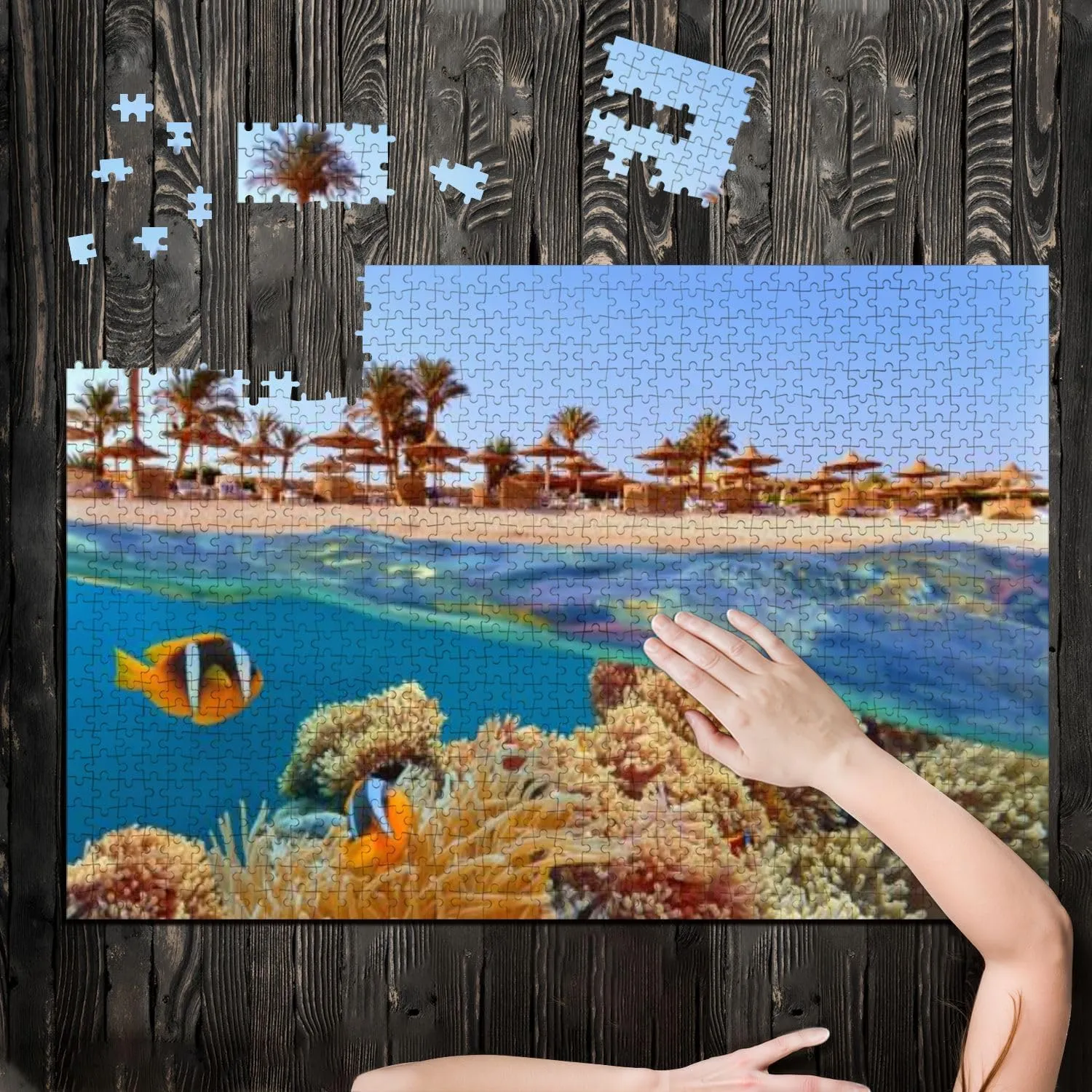 Puzzles for Adults 1000 Pieces Tropical Coral Reef Clown Fish sea Anemone Beach Palms Sun umbrelas Wooden Jigsaw Puzzles Challenging Fun Educational Family Games Kid Toys Art Work Gift Home Decor