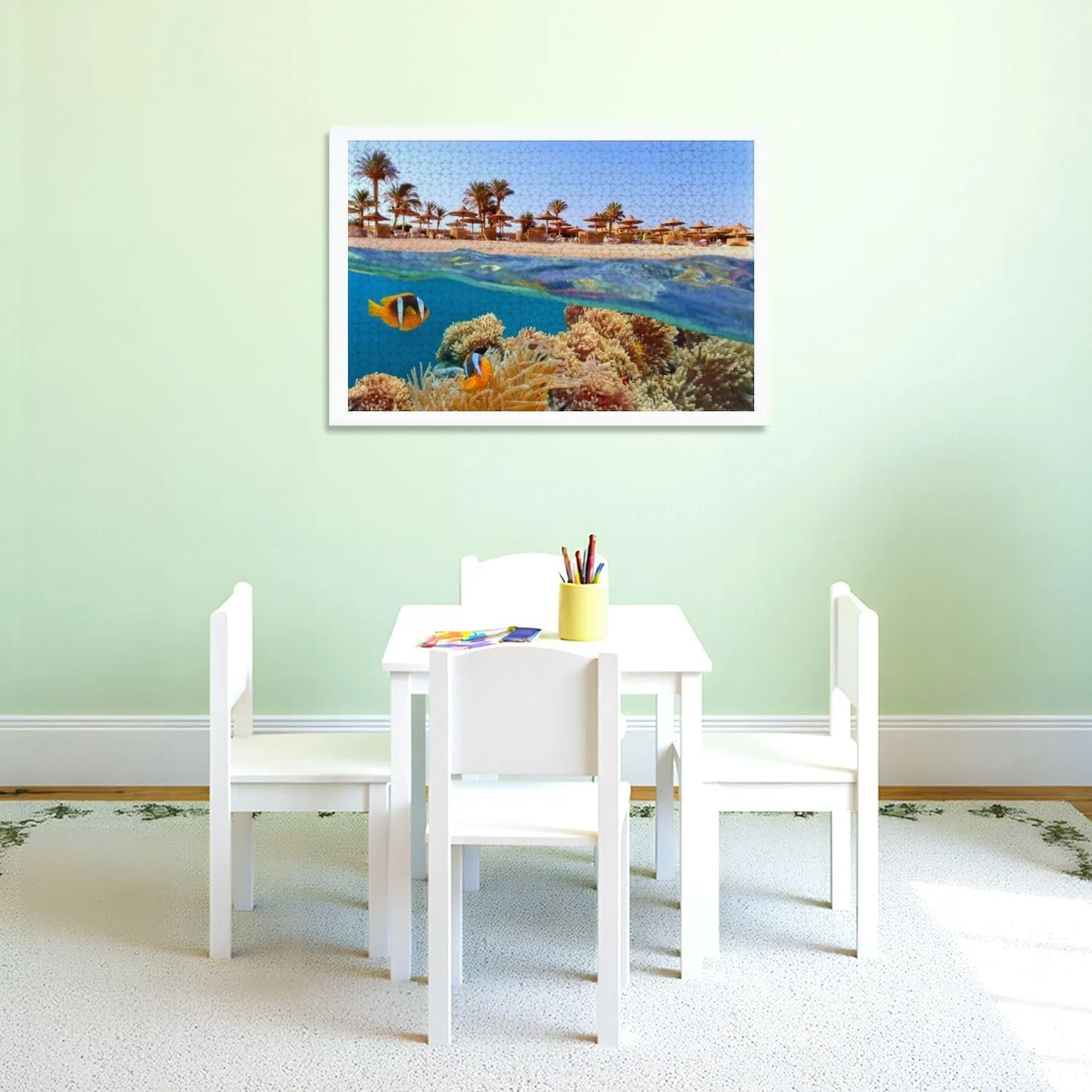 Puzzles for Adults 1000 Pieces Tropical Coral Reef Clown Fish sea Anemone Beach Palms Sun umbrelas Wooden Jigsaw Puzzles Challenging Fun Educational Family Games Kid Toys Art Work Gift Home Decor