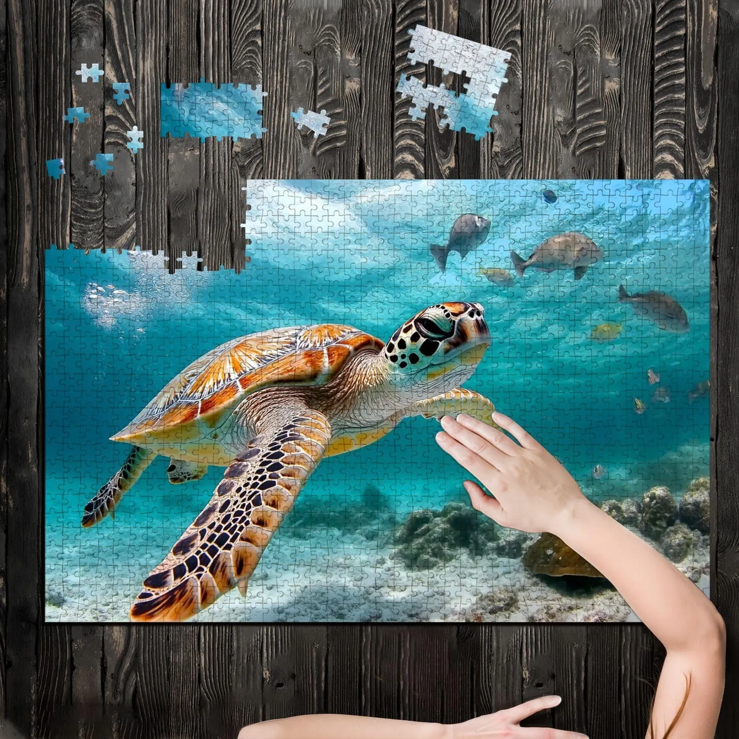 Puzzles for Adults 1000 Pieces Turtle Closeup School Fish Wooden Jigsaw Puzzles Challenging Fun Educational Family Games Kid Toys Art Work Gift Home Decor