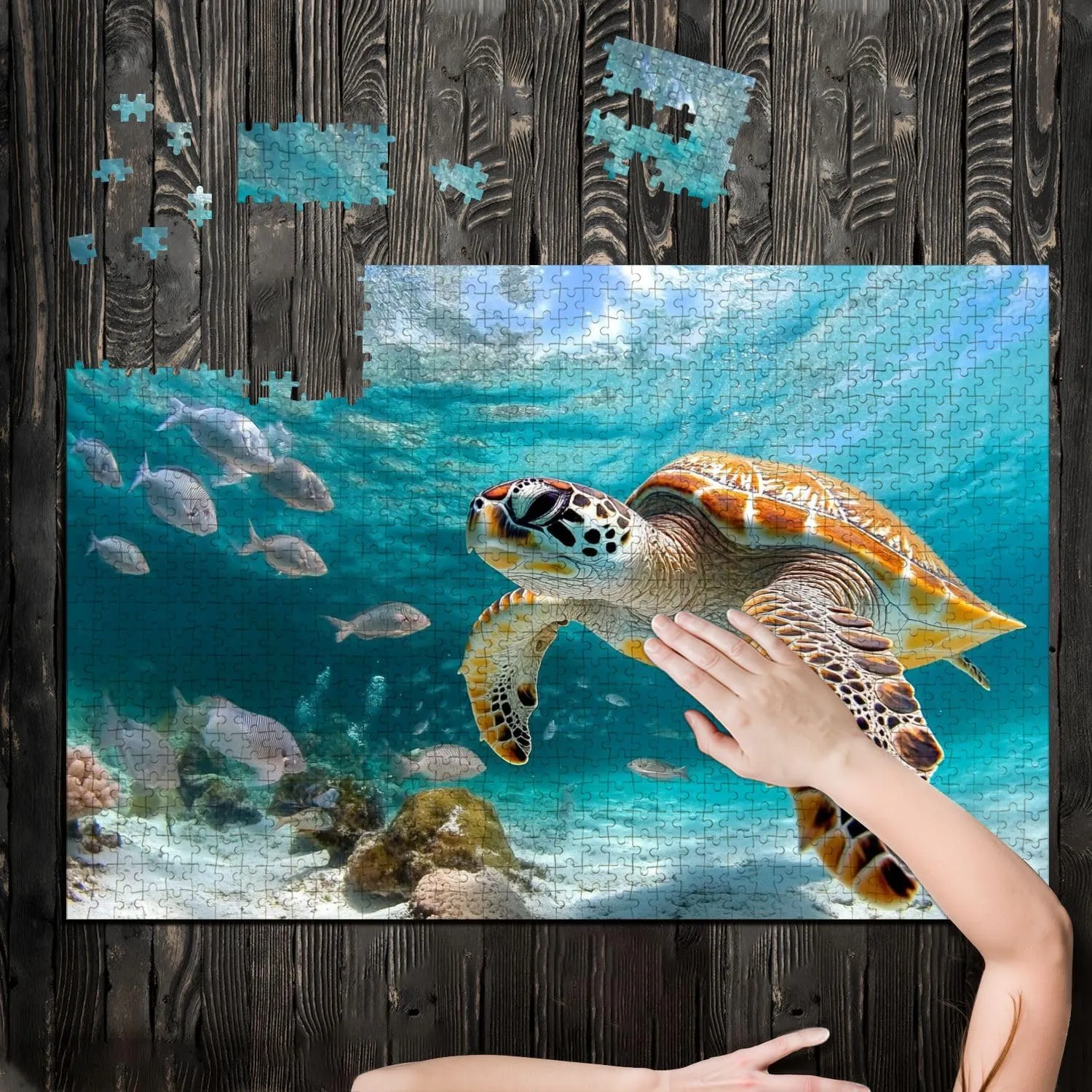 Puzzles for Adults 1000 Pieces Turtle Closeup School Fish Wooden Jigsaw Puzzles Challenging Fun Educational Family Games Kid Toys Art Work Gift Home Decor
