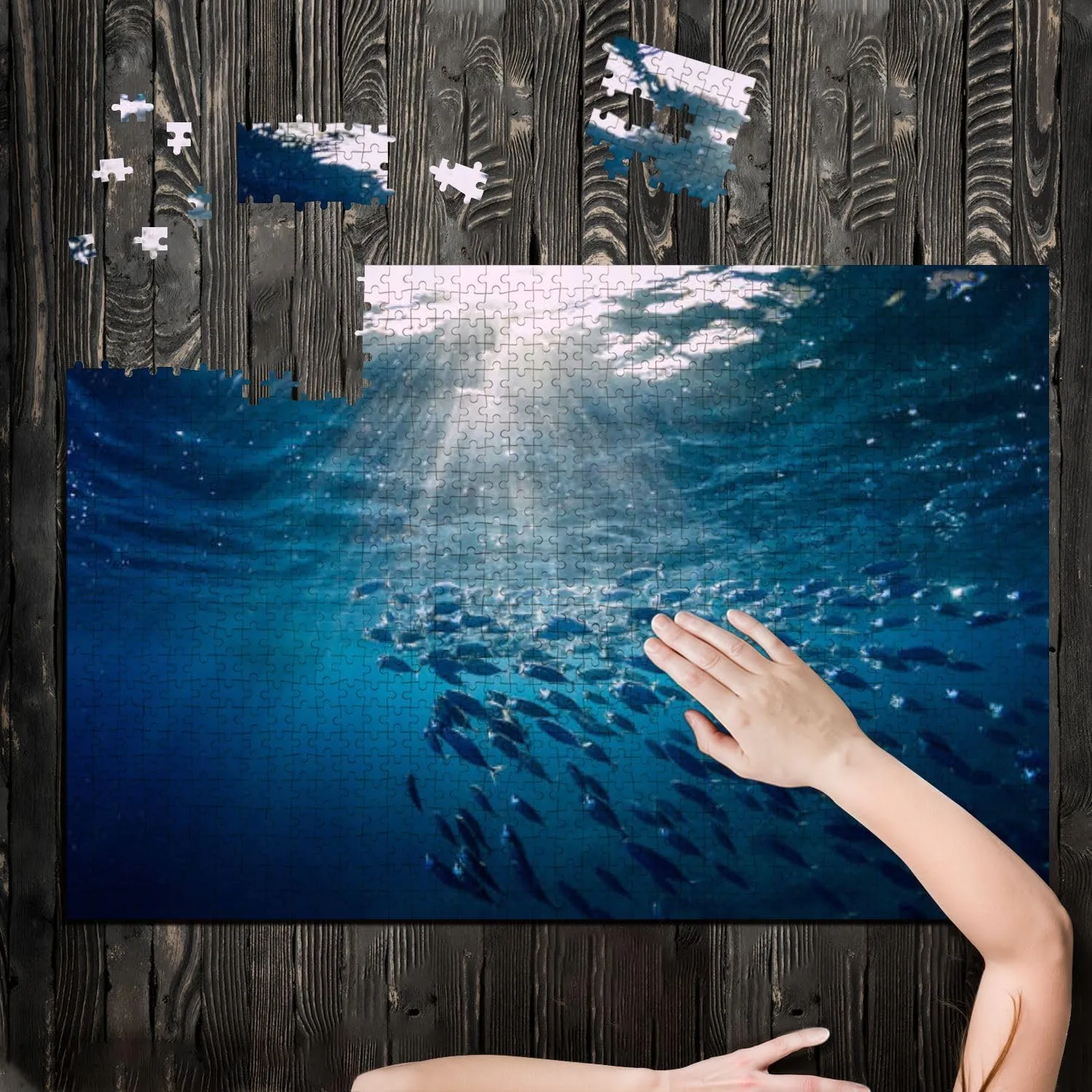 Puzzles for Adults 1000 Pieces Underwater Wild World Tuna Fishes Wooden Jigsaw Puzzles Challenging Fun Educational Family Games Kid Toys Art Work Gift Home Decor