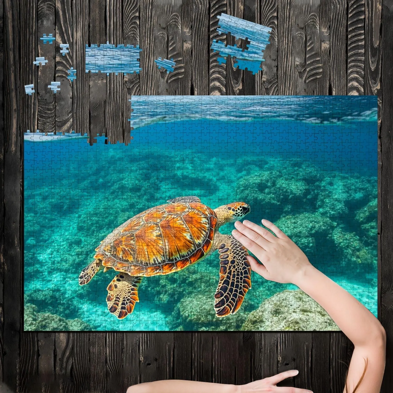 Puzzles for Adults 1000 Pieces Young Sea Turtle Swiming Crystal Natural Wooden Jigsaw Puzzles Challenging Fun Educational Family Games Kid Toys Art Work Gift Home Decor