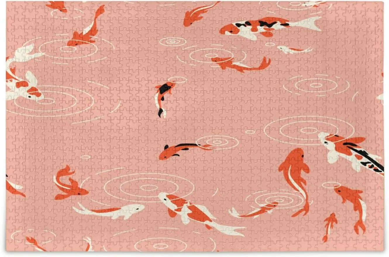 QUGRL Carp Koi Fish Jigsaw Puzzle 1000 Pieces for Adults Teens Japanese Pink DIY Wall Art Intellectual Decompressing Educational Fun Game
