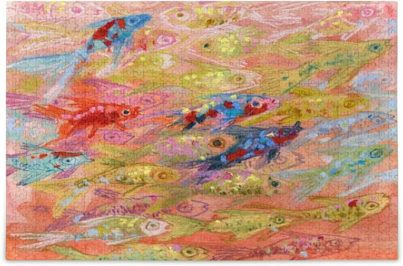 QUGRL Colorful Koi Fish Jigsaw Puzzle 1000 Pieces for Adults Teens Japanese Watercolor DIY Wall Art Intellectual Decompressing Educational Fun Game