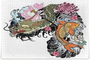 QUGRL Dragon Koi Fish Flower Jigsaw Puzzle 1000 Pieces for Adults Teens Magic Cartoon Japanese DIY Wall Art Intellectual Decompressing Educational Fun Game