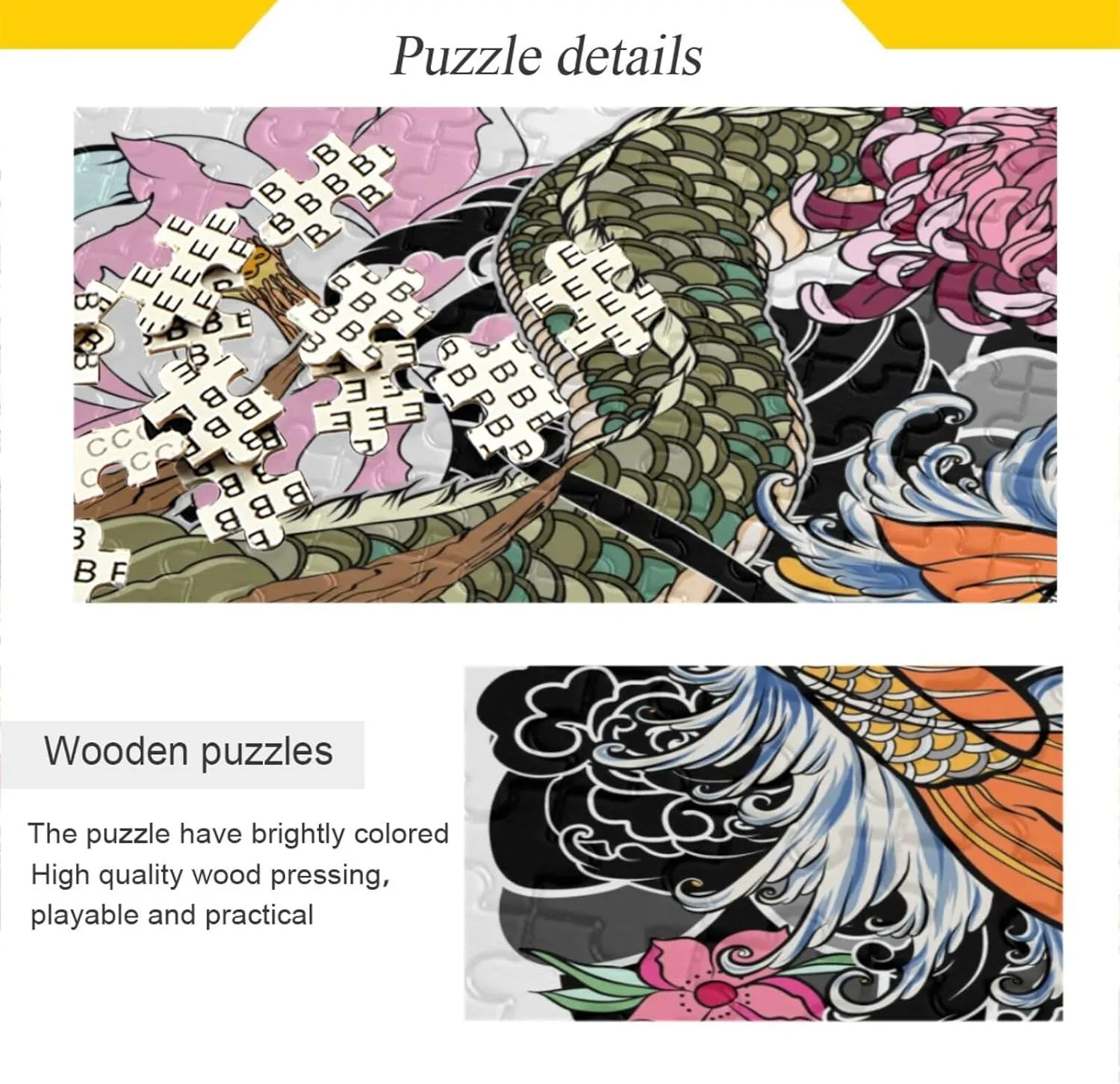 QUGRL Dragon Koi Fish Flower Jigsaw Puzzle 1000 Pieces for Adults Teens Magic Cartoon Japanese DIY Wall Art Intellectual Decompressing Educational Fun Game