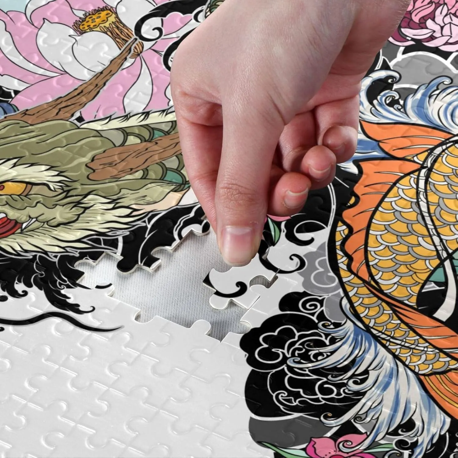 QUGRL Dragon Koi Fish Flower Jigsaw Puzzle 1000 Pieces for Adults Teens Magic Cartoon Japanese DIY Wall Art Intellectual Decompressing Educational Fun Game