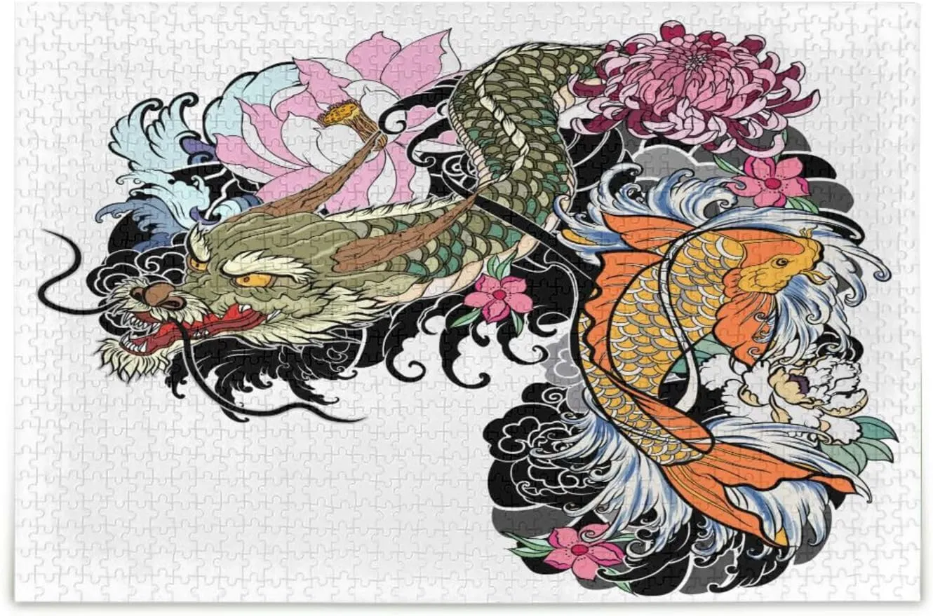 QUGRL Dragon Koi Fish Flower Jigsaw Puzzle 1000 Pieces for Adults Teens Magic Cartoon Japanese DIY Wall Art Intellectual Decompressing Educational Fun Game