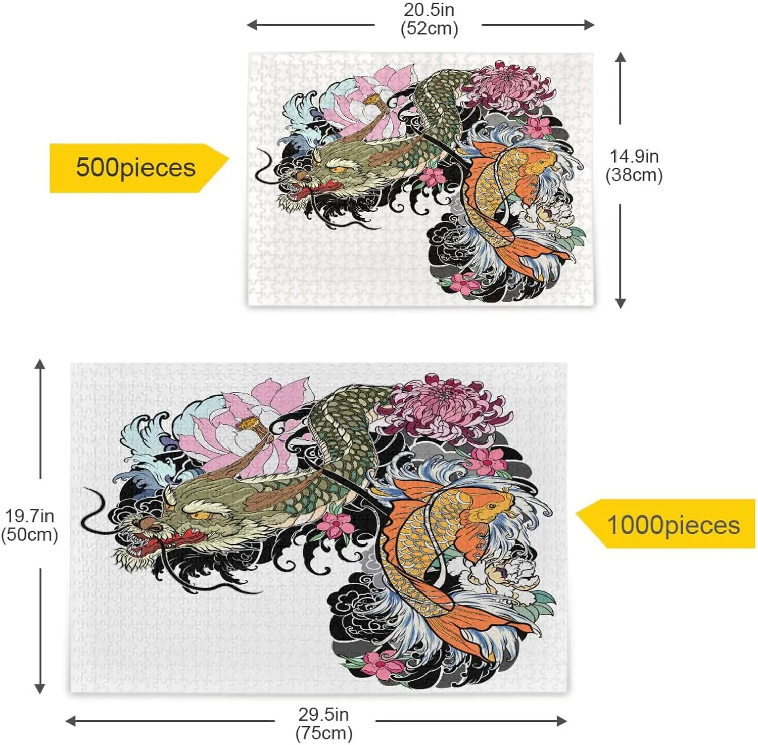 QUGRL Dragon Koi Fish Flower Jigsaw Puzzle 1000 Pieces for Adults Teens Magic Cartoon Japanese DIY Wall Art Intellectual Decompressing Educational Fun Game