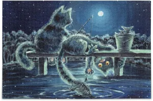 QUGRL Funny Cats Fishing Night Jigsaw Puzzle 1000 Pieces for Adults Teens Abstract Cute Kitten DIY Wall Art Intellectual Decompressing Educational Fun Game