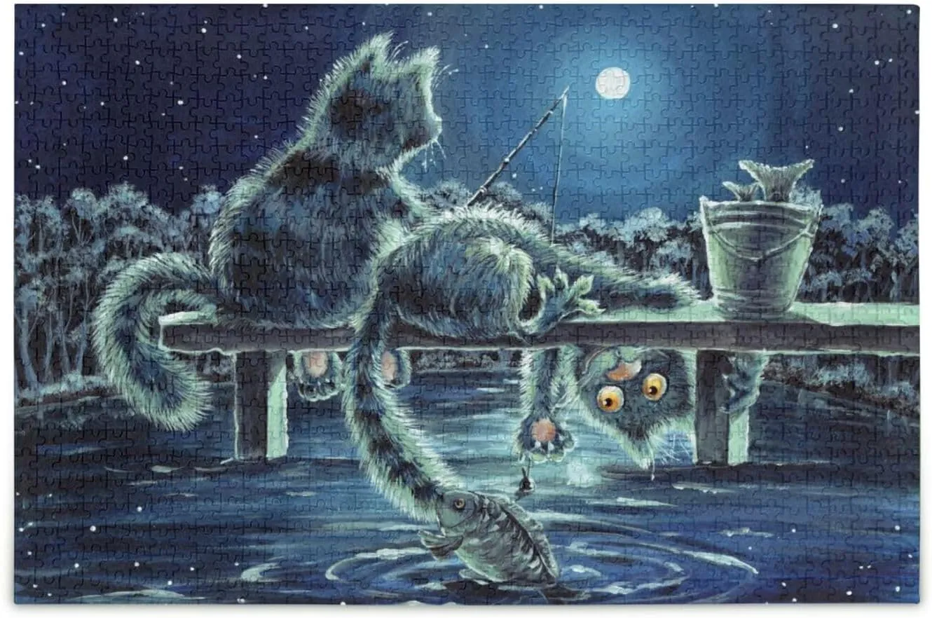 QUGRL Funny Cats Fishing Night Jigsaw Puzzle 1000 Pieces for Adults Teens Abstract Cute Kitten DIY Wall Art Intellectual Decompressing Educational Fun Game