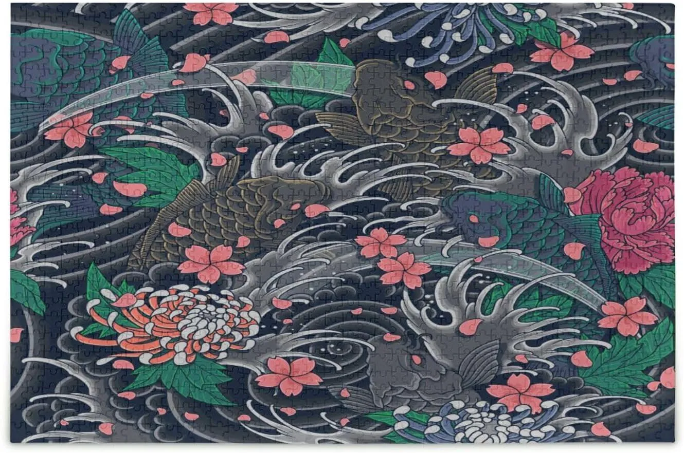 QUGRL Japanese Sea Wave Koi Jigsaw Puzzle 1000 Pieces for Adults Teens Fish Flower DIY Wall Art Intellectual Decompressing Educational Fun Game