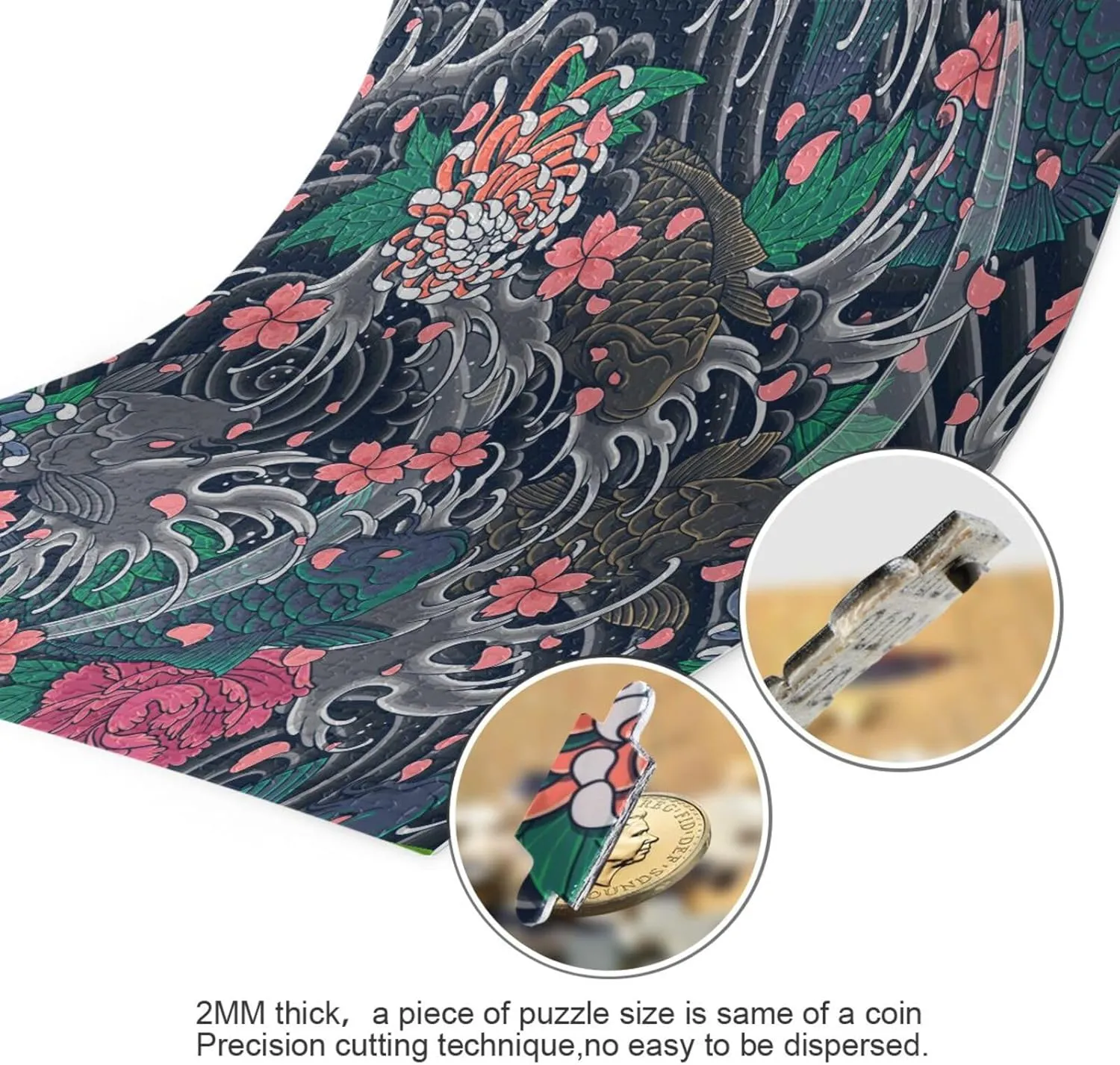QUGRL Japanese Sea Wave Koi Jigsaw Puzzle 1000 Pieces for Adults Teens Fish Flower DIY Wall Art Intellectual Decompressing Educational Fun Game