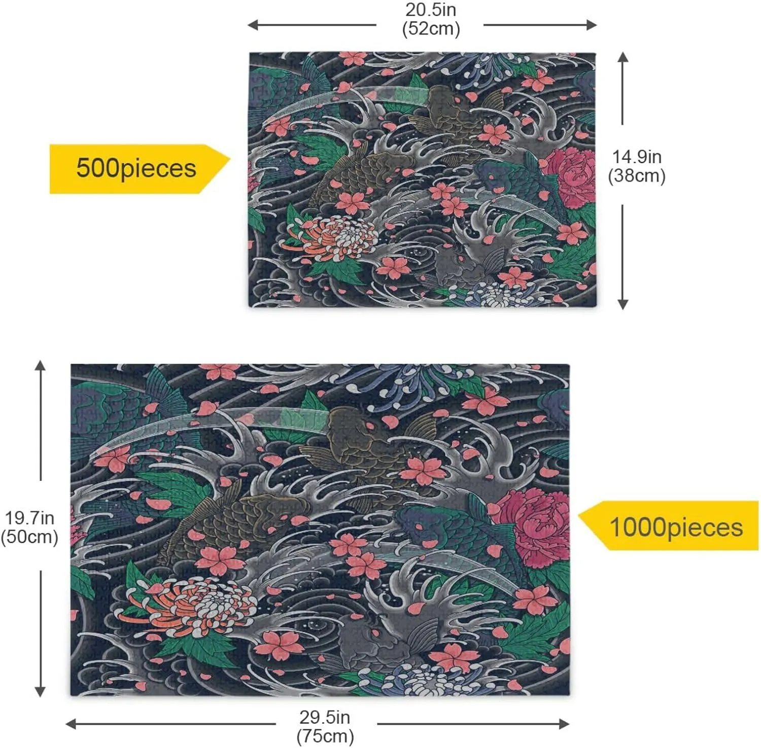QUGRL Japanese Sea Wave Koi Jigsaw Puzzle 1000 Pieces for Adults Teens Fish Flower DIY Wall Art Intellectual Decompressing Educational Fun Game