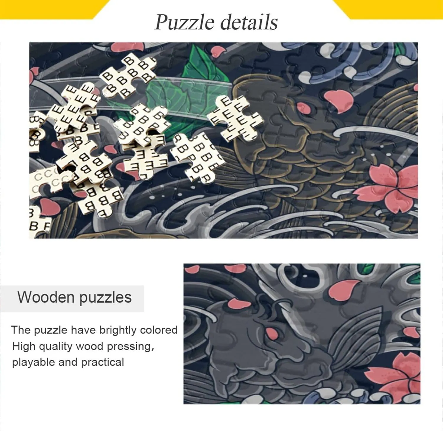 QUGRL Japanese Sea Wave Koi Jigsaw Puzzle 1000 Pieces for Adults Teens Fish Flower DIY Wall Art Intellectual Decompressing Educational Fun Game