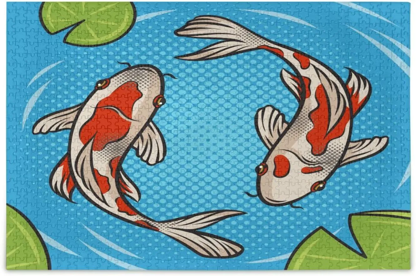 QUGRL Koi Carp Fish Cartoon Jigsaw Puzzle 1000 Pieces for Adults Teens Water Pool Leaves DIY Wall Art Intellectual Decompressing Educational Fun Game