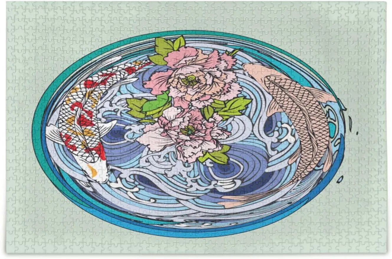 QUGRL Koi Fish Flower Blossoms Jigsaw Puzzle 1000 Pieces for Adults Teens Water Circle Japanese DIY Wall Art Intellectual Decompressing Educational Fun Game