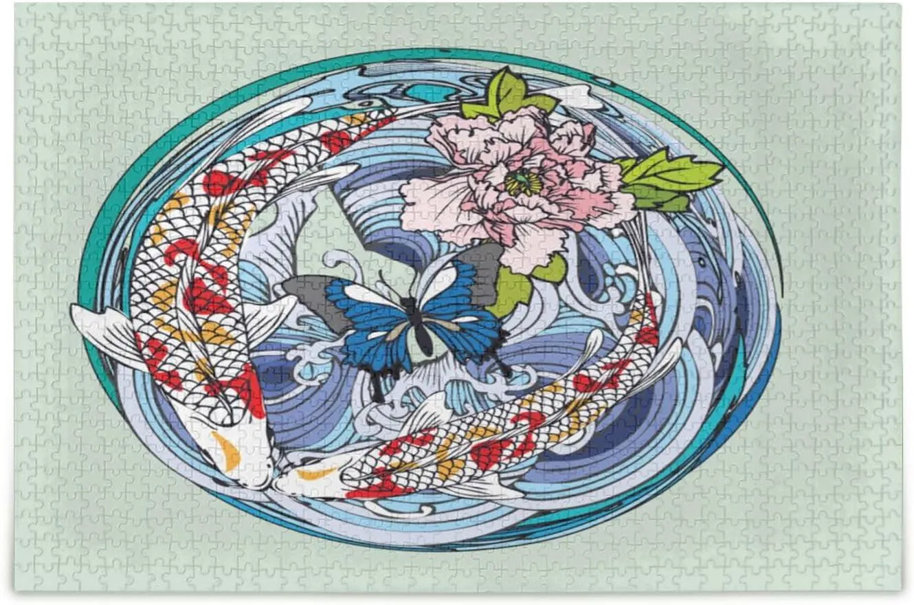 QUGRL Koi Fish Flower Butterflies Jigsaw Puzzle 1000 Pieces for Adults Teens Circle Water Japanese DIY Wall Art Intellectual Decompressing Educational Fun Game