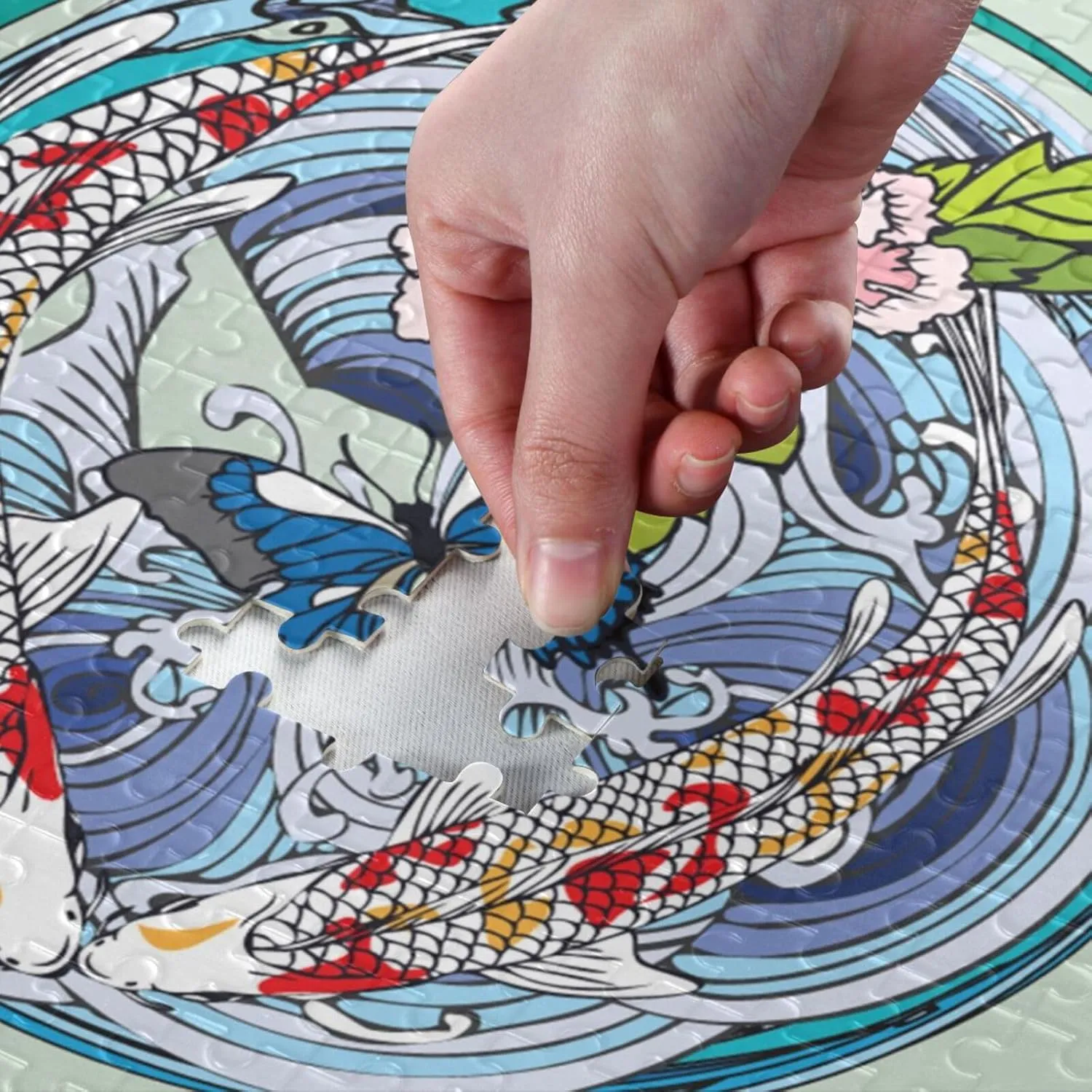 QUGRL Koi Fish Flower Butterflies Jigsaw Puzzle 1000 Pieces for Adults Teens Circle Water Japanese DIY Wall Art Intellectual Decompressing Educational Fun Game