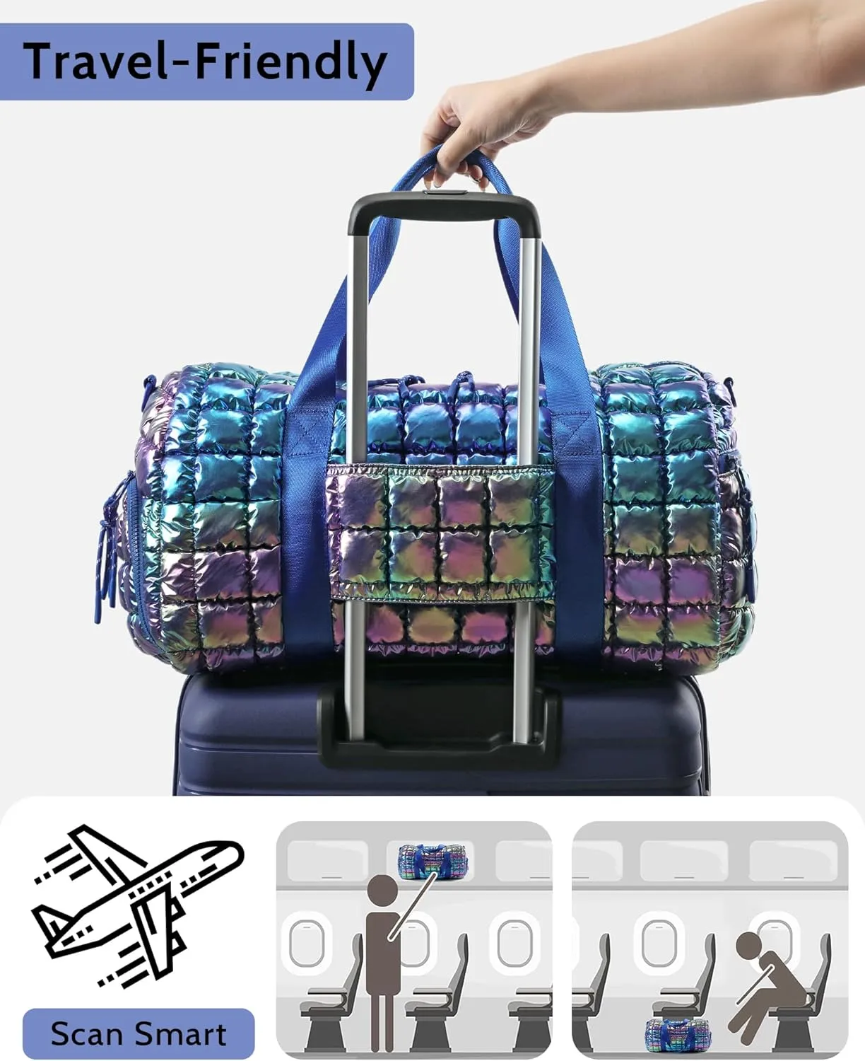 Quilted Duffel Bag for Women, Puffer Gym Duffle Bag with Shoe Compartment Lightweight Large Crossbody Sport Travel Bag Tote Nebula