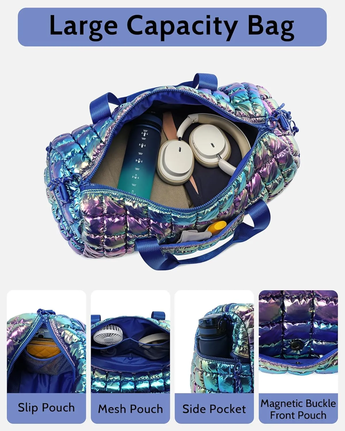 Quilted Duffel Bag for Women, Puffer Gym Duffle Bag with Shoe Compartment Lightweight Large Crossbody Sport Travel Bag Tote Nebula