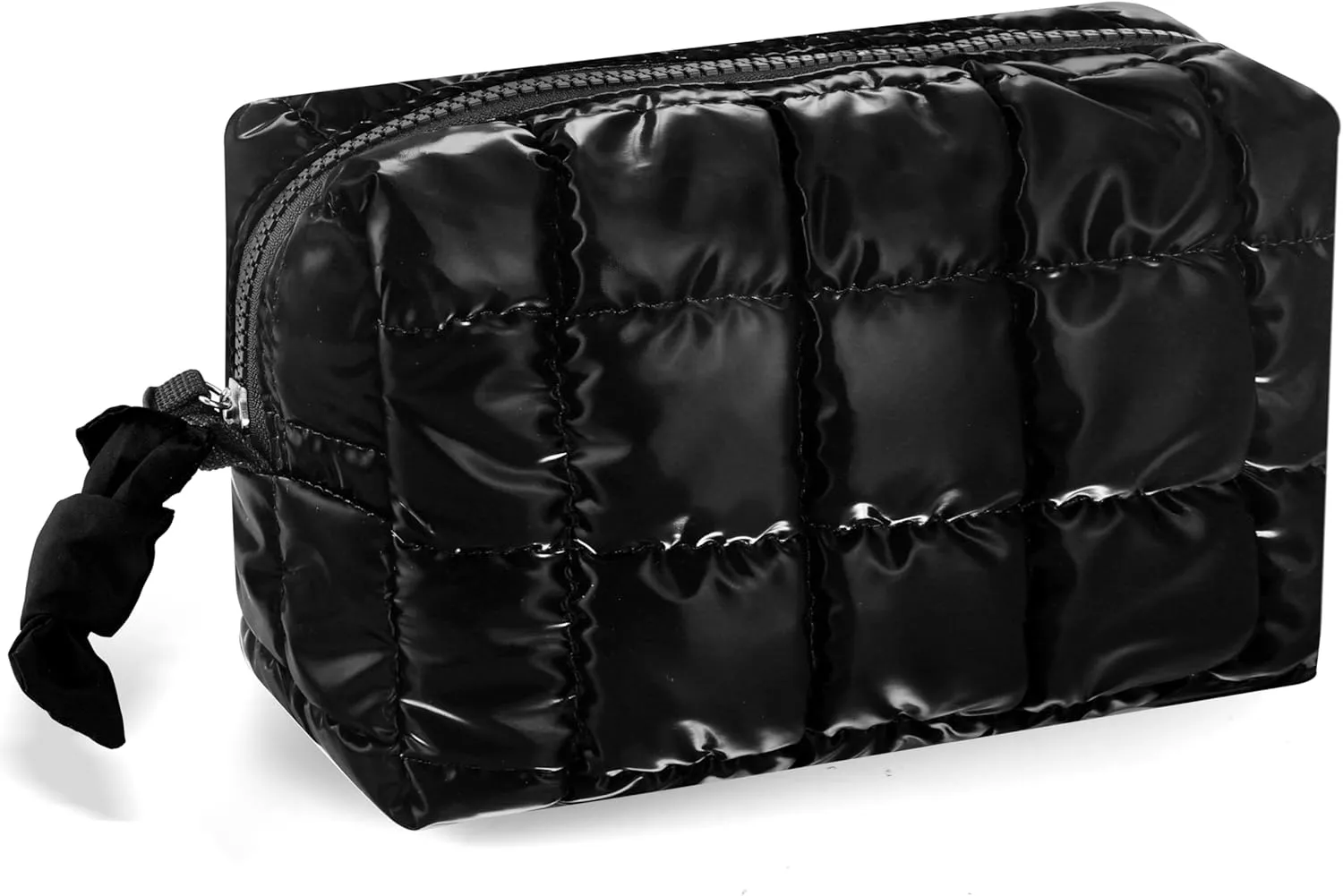 Quilted Makeup Bag for Women Girls Large Black Cosmetic Bag Cute Puffer Aesthetic Zipper Makeup Pouch for Purse Portable Waterproof Travel Toiletry Bag Makeup Brushes Skincare Bag Organizer