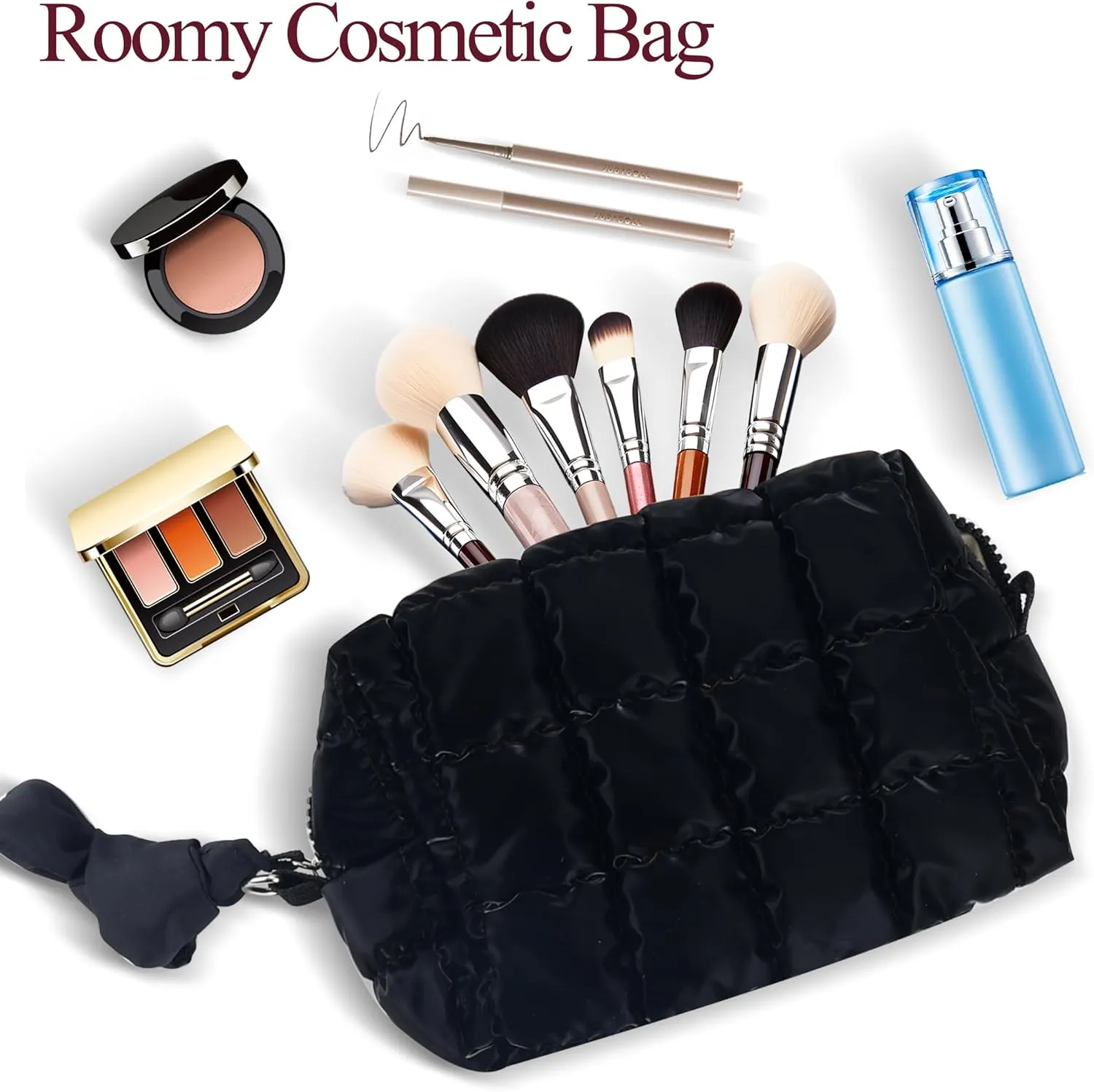 Quilted Makeup Bag for Women Girls Large Black Cosmetic Bag Cute Puffer Aesthetic Zipper Makeup Pouch for Purse Portable Waterproof Travel Toiletry Bag Makeup Brushes Skincare Bag Organizer