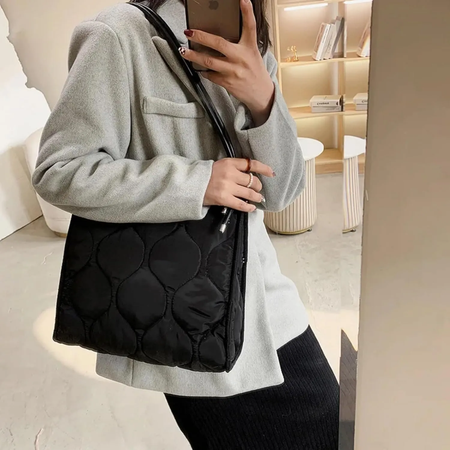 Quilted Padded Women Shoulder Bags Nylon Crossbody Bag Down Cotton Lady Handbags Large Tote Purses Winter (Black)