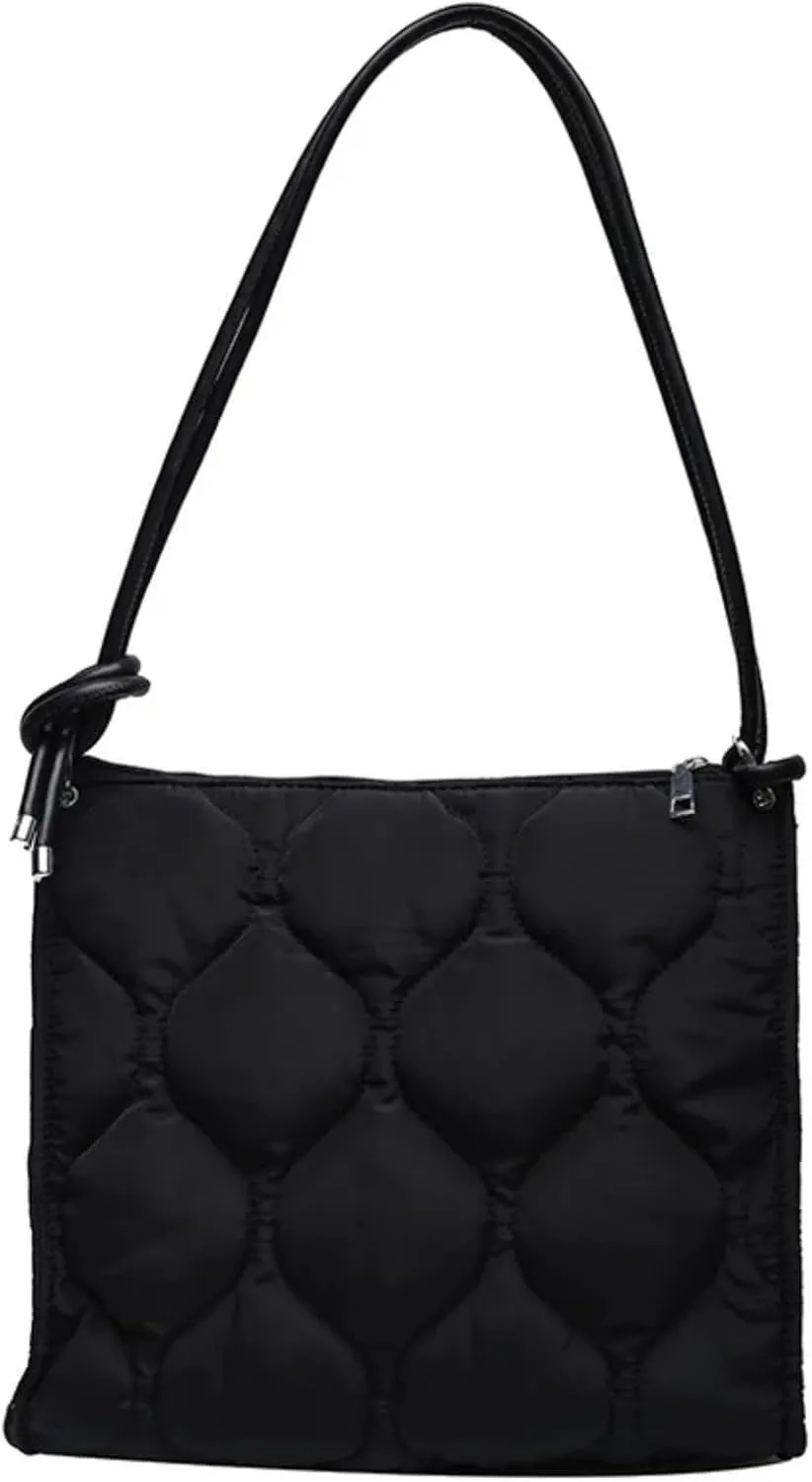 Quilted Padded Women Shoulder Bags Nylon Crossbody Bag Down Cotton Lady Handbags Large Tote Purses Winter (Black)