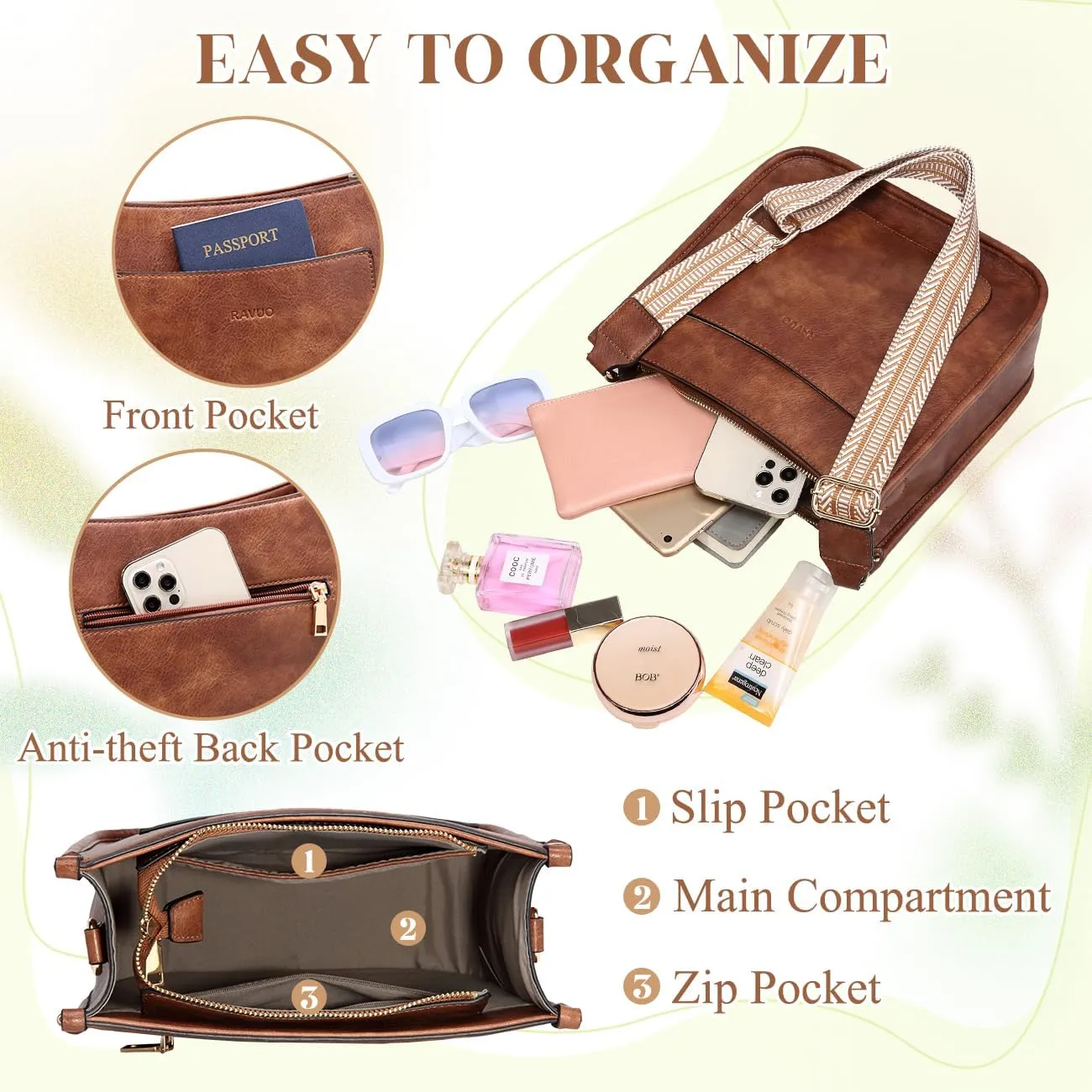 RAVUO Crossbody Bags for Women, Vegan Leather Shoulder Purse Fashion Hobo Handbags with 2 Adjustable Straps
