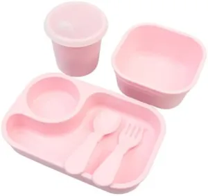 Re-Play Tiny Dining Set Feeding Supplies for Babies and Toddlers, Includes Food Tray, Cup, Bowl, Utensils - Microwave & Dishwasher Safe - Made in USA - 5pc - Ice Pink