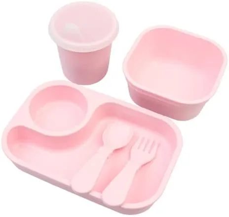 Re-Play Tiny Dining Set Feeding Supplies for Babies and Toddlers, Includes Food Tray, Cup, Bowl, Utensils - Microwave & Dishwasher Safe - Made in USA - 5pc - Ice Pink