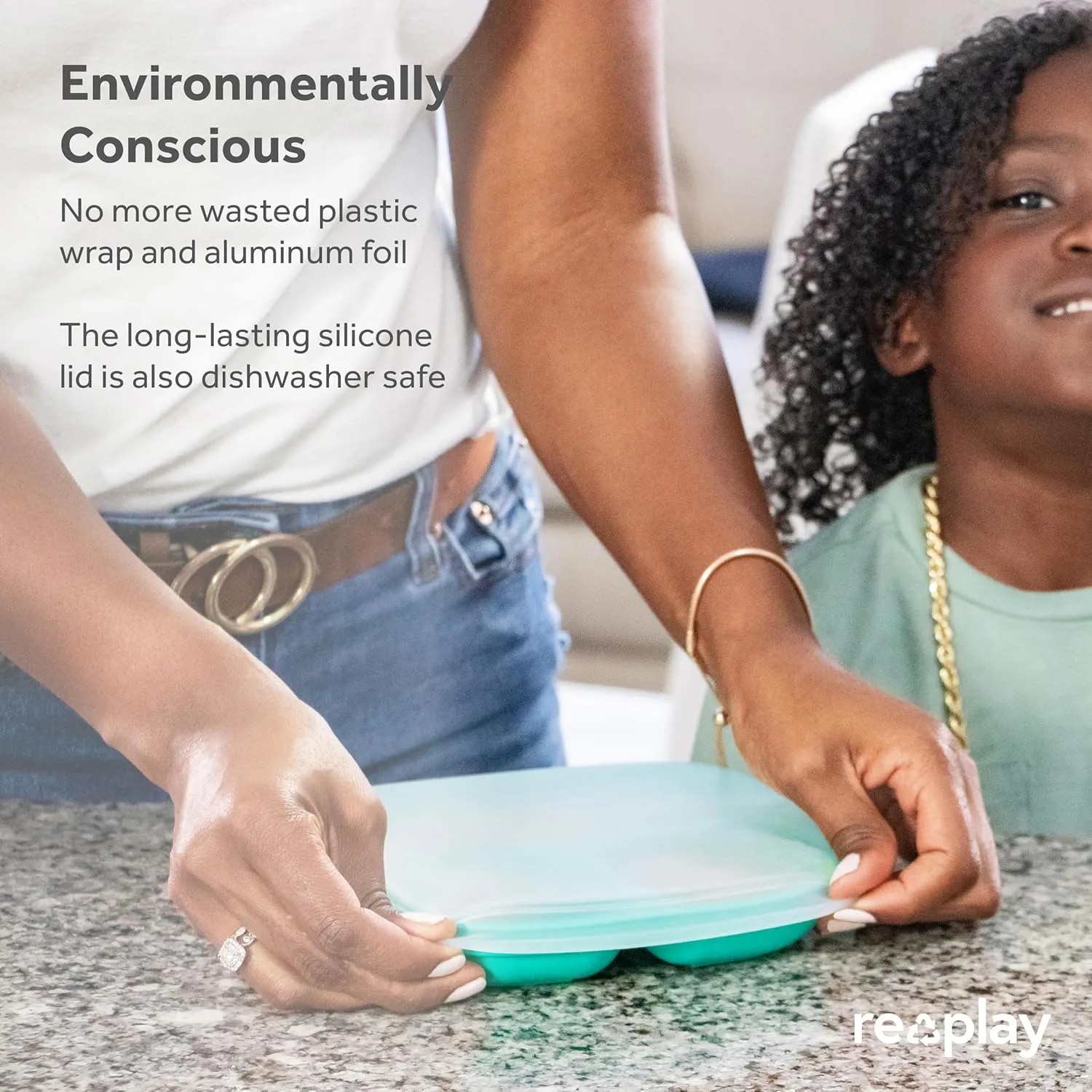 Re-Play Toddler Plates with Dividers & Silicone Lid - Deep-Walled 3 Compartments Divided Plates for Kids - Dishwasher/Microwave Safe - Made in USA - Set of 4-7.37" x 7.37" x 1.25" - Aqua Asst